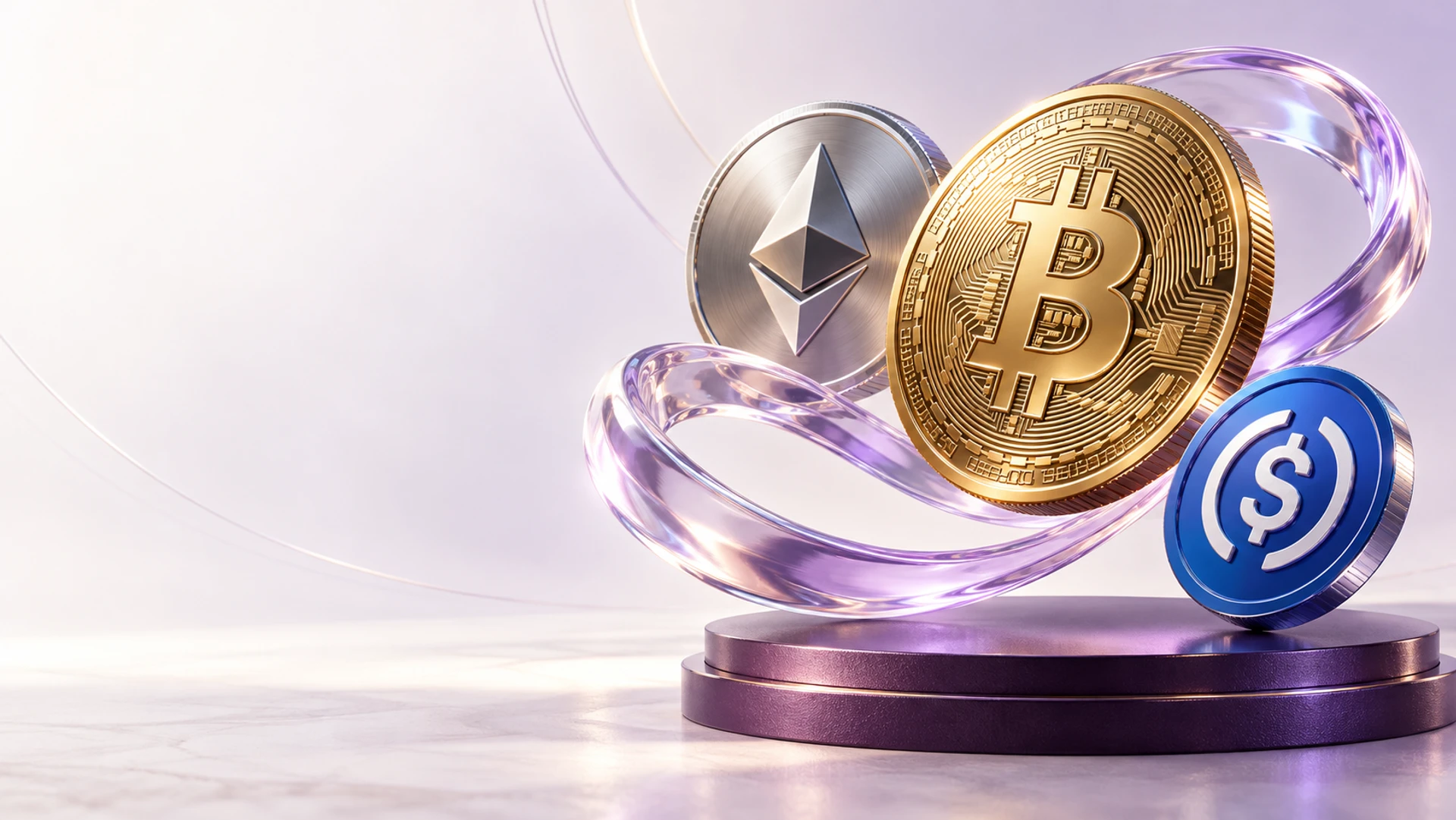 Gold Bitcoin, platinum Ethereum and blue USDC coins with a lilac glass ribbon